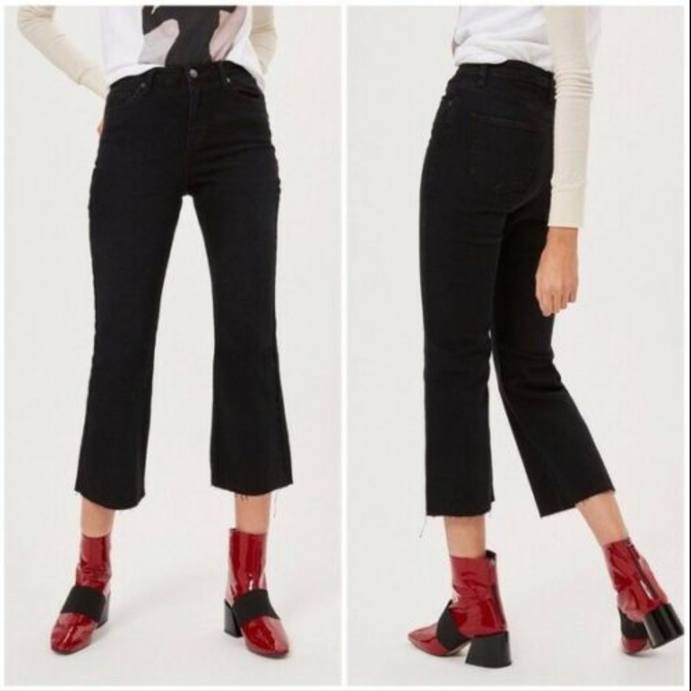 Topshop Jeans Crop Raw Hem Flare Dark Wash (Q64)